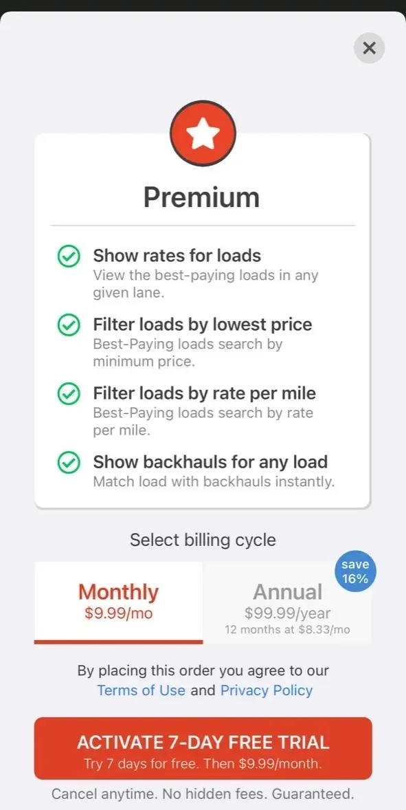 Doft Load Board paywall screen
