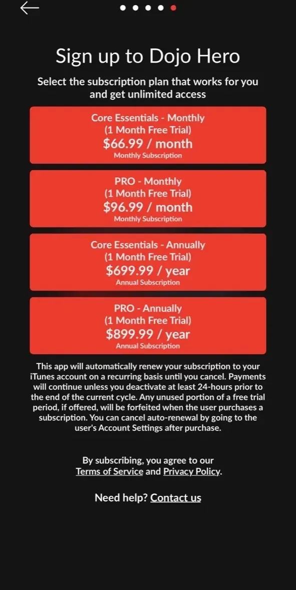 Dojo Hero paywall screen