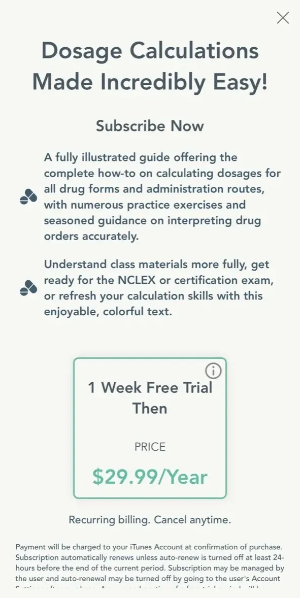 Dosage Calculations Made Easy paywall screen
