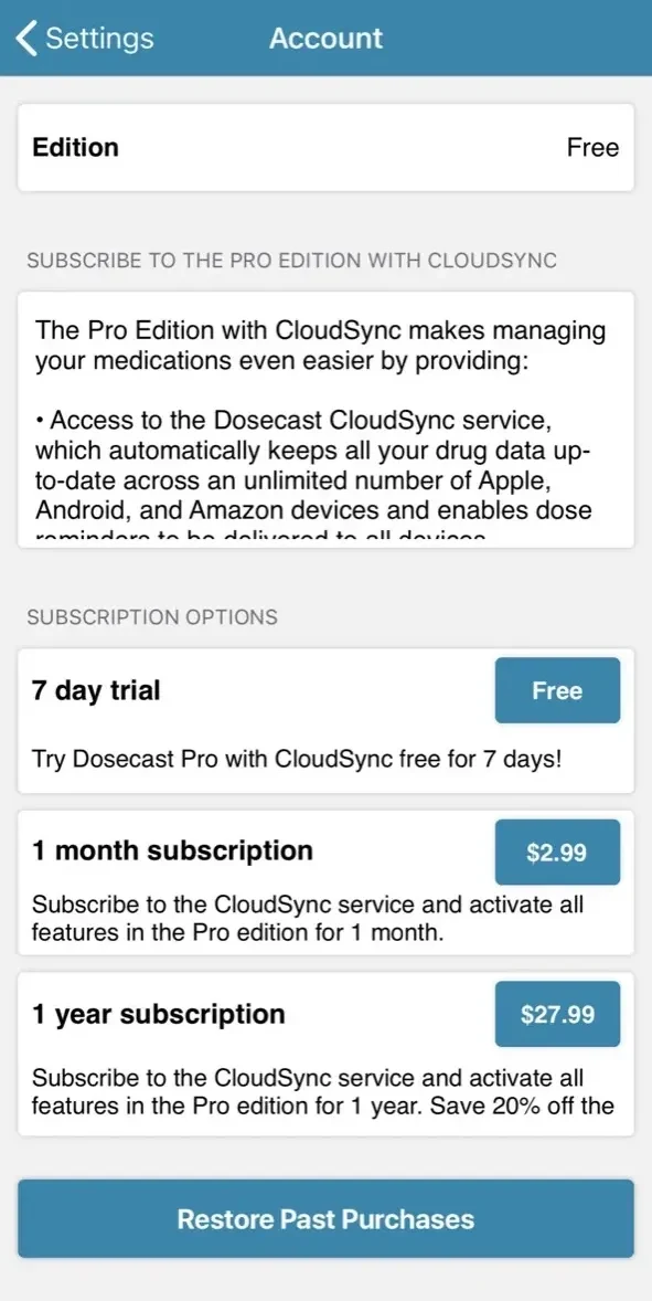 Dosecast paywall screen