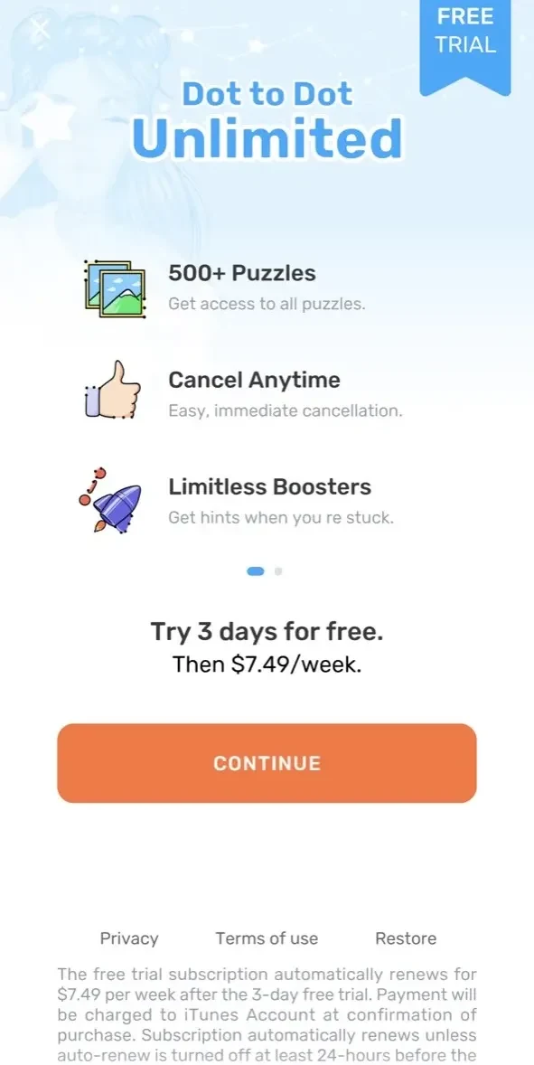 Dot to Dot paywall screen