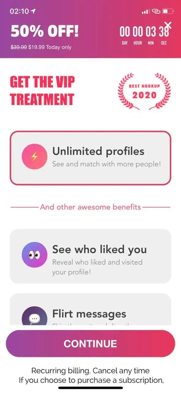 Down Hookup & Date paywall screen