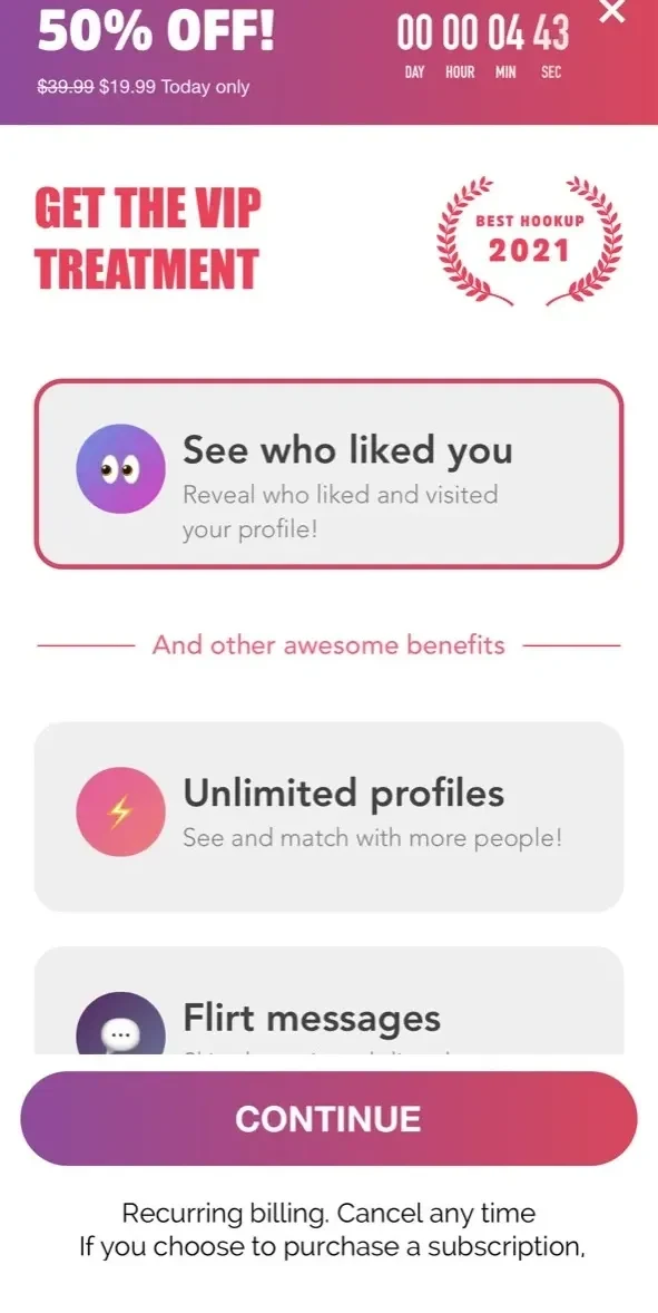 Down Hookup & Date paywall screen