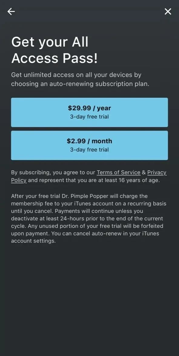 Dr. Pimple Popper paywall screen