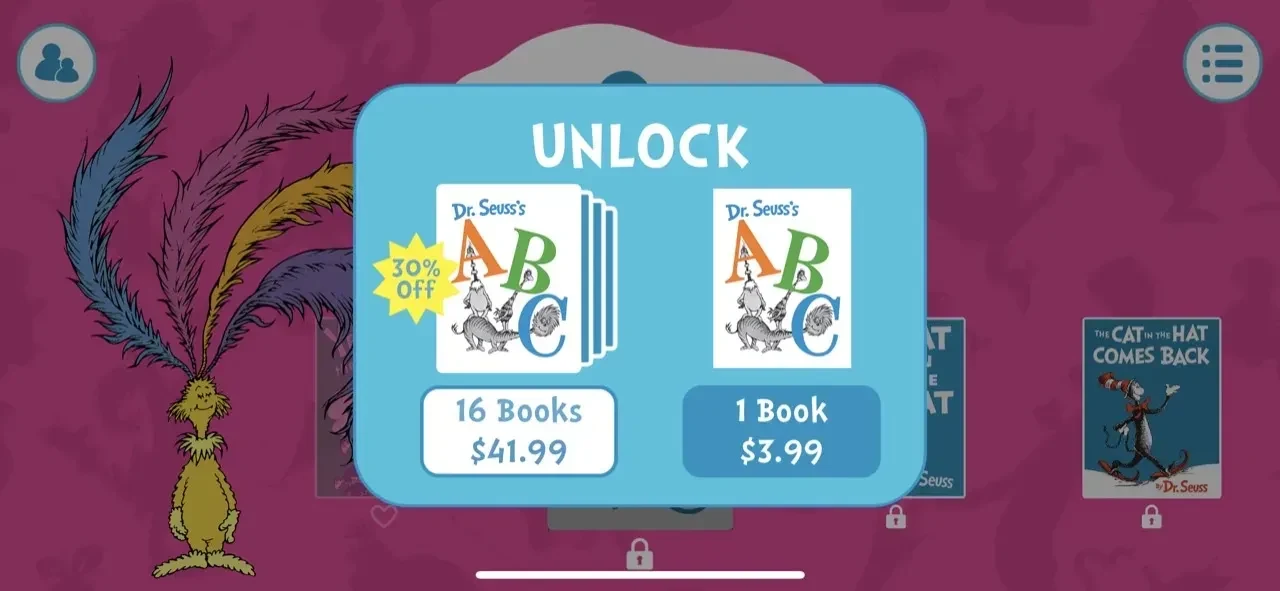 Dr. Seuss Deluxe Books paywall screen