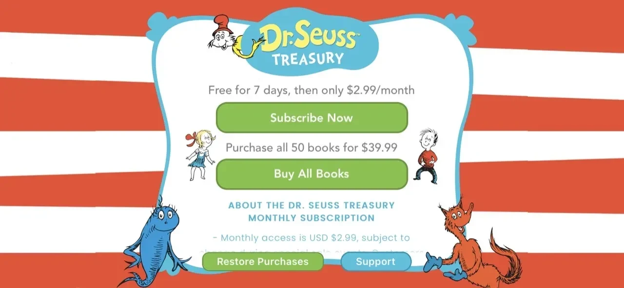Dr. Seuss Treasury Kids Books paywall screen