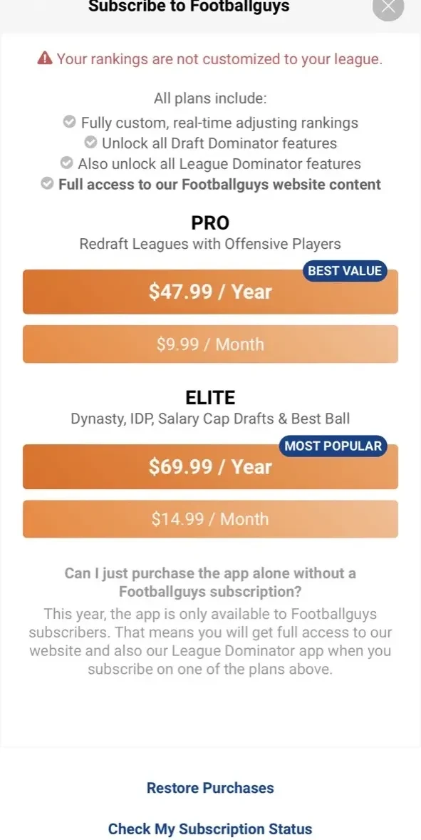 Draft Dominator paywall screen