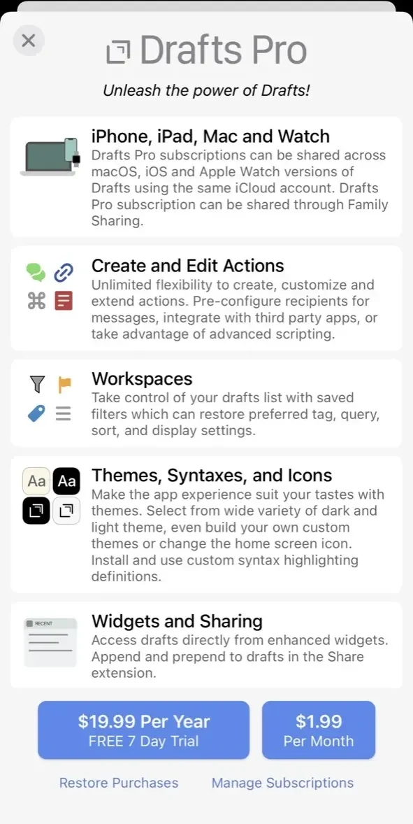Drafts paywall screen