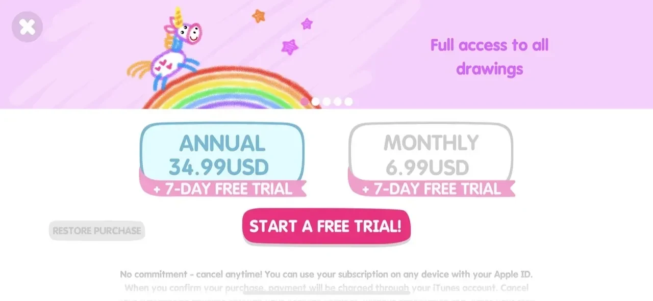 Drawing for Kids Games paywall screen