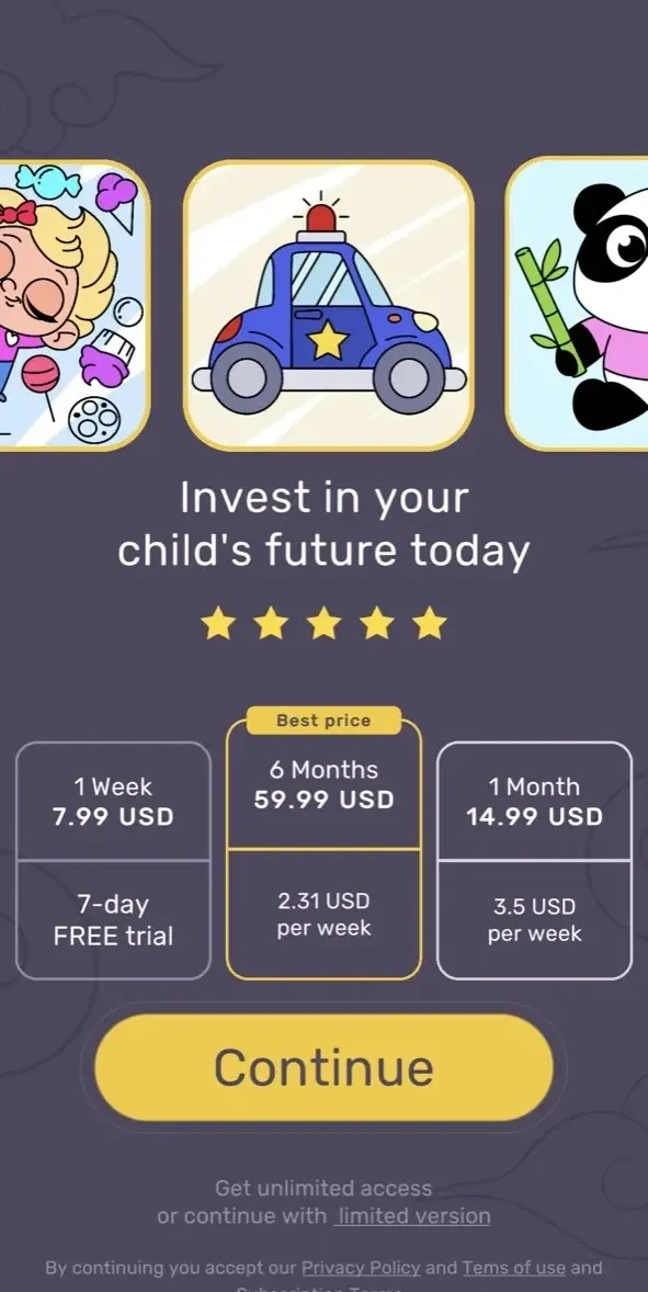 Drawing Games for Kids paywall screen