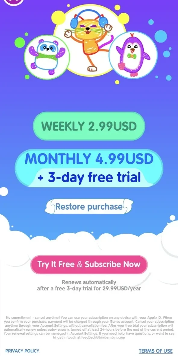 Drawing kids games paywall screen