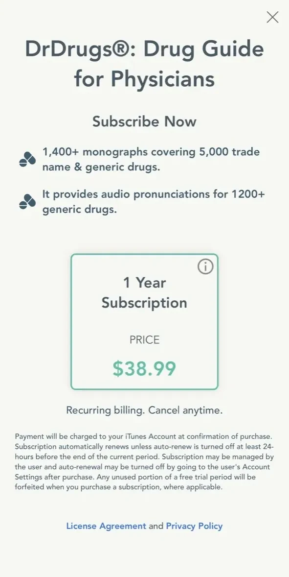 DrDrugs paywall screen