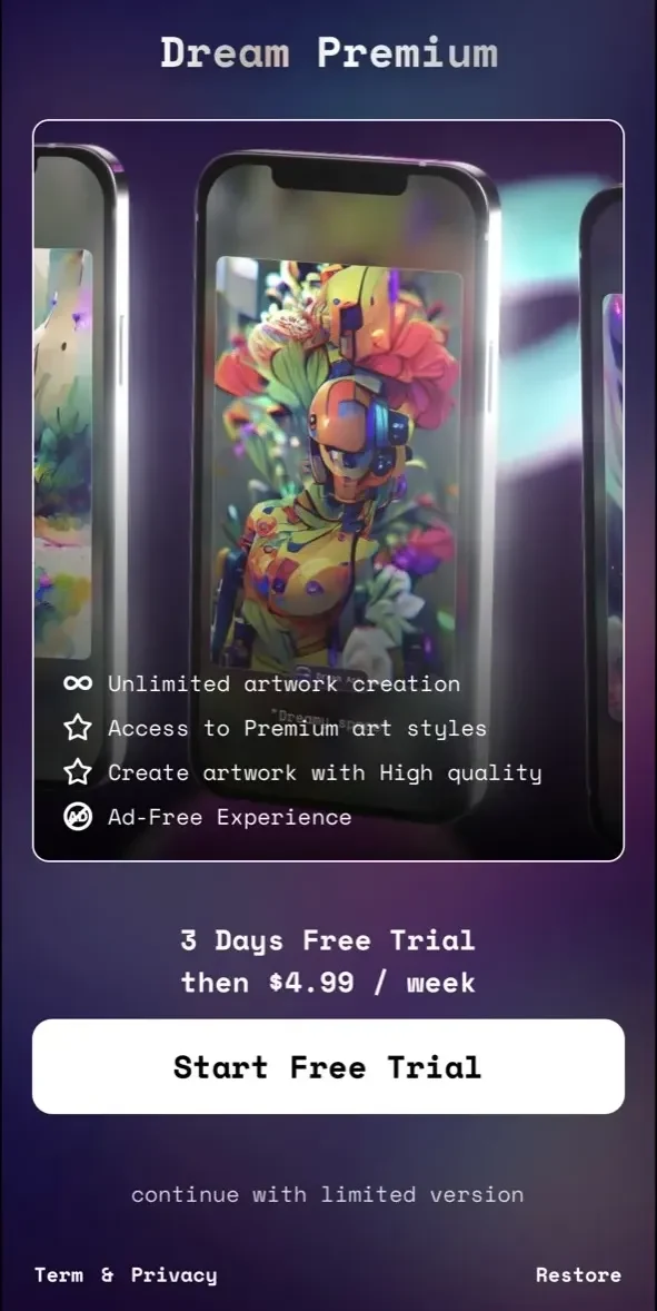 Dream AI Art paywall screen