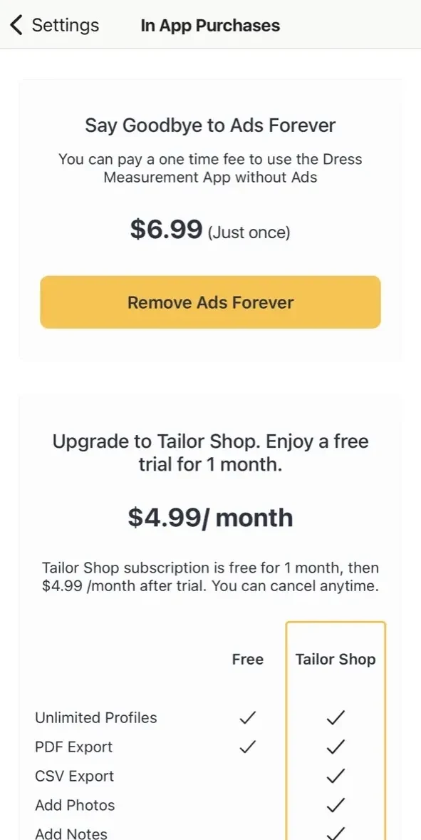 Dress Measurement paywall screen