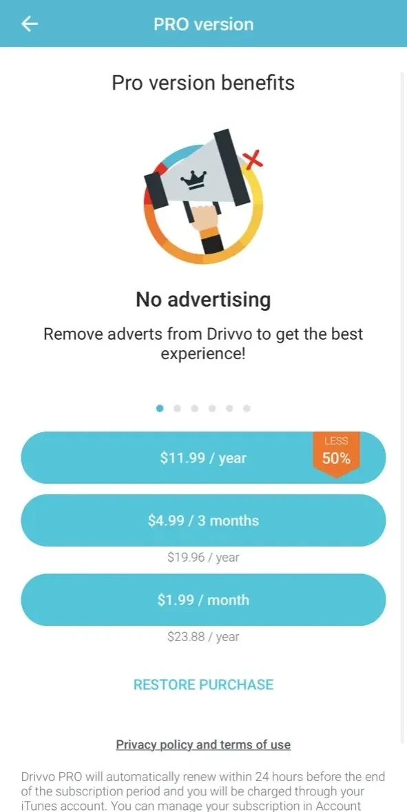 Drivvo paywall screen