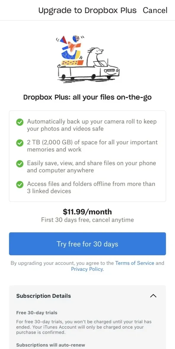 Dropbox paywall screen