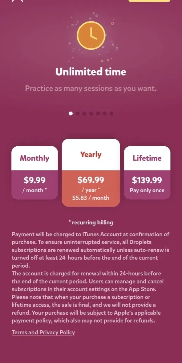 Droplets paywall screen