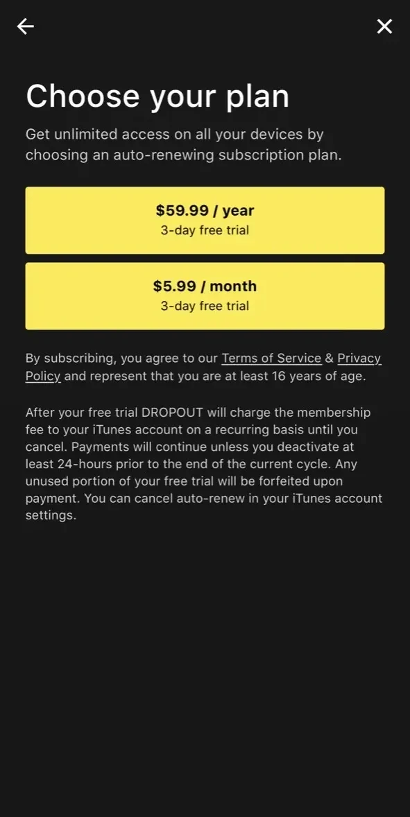 Dropout paywall screen
