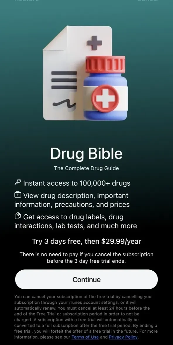 Drug Bible paywall screen