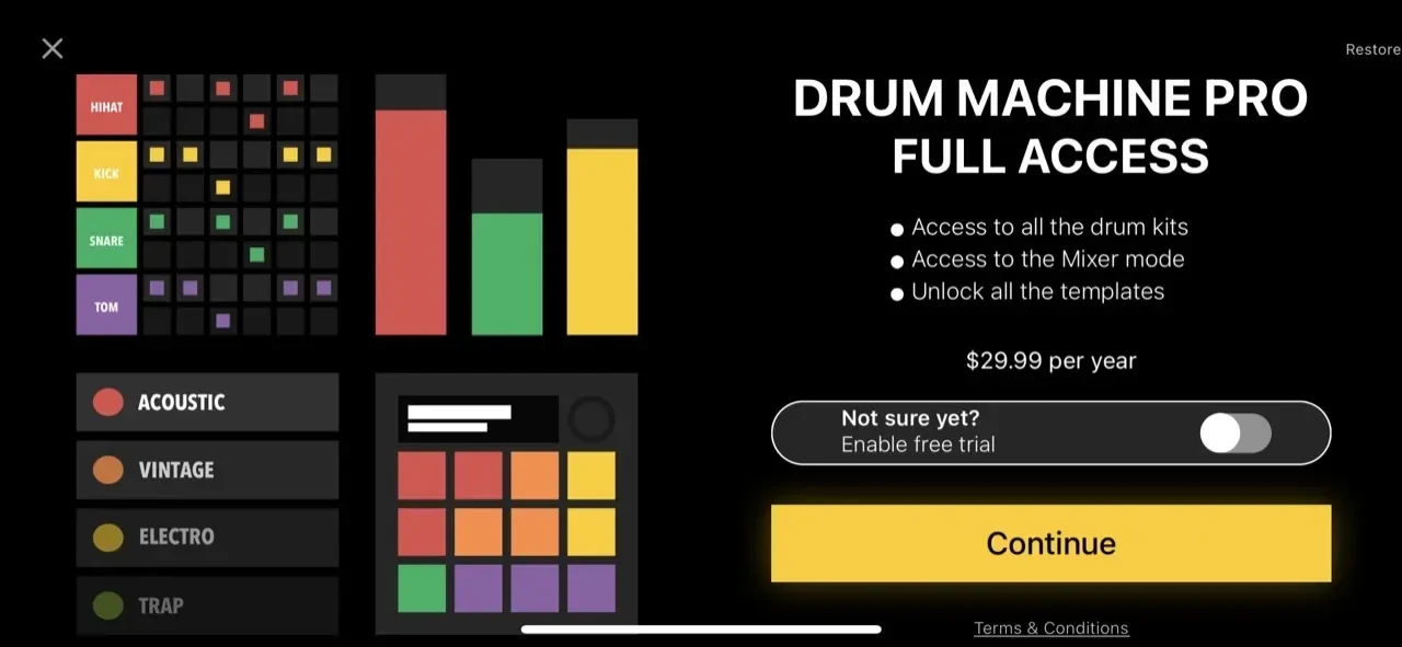 Drum Machine paywall screen