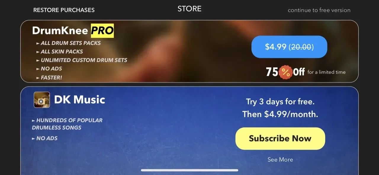 DrumKnee 3D Drums paywall screen