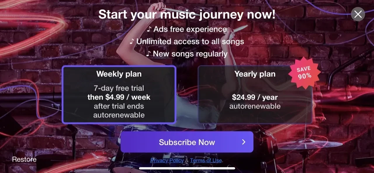 Drums paywall screen