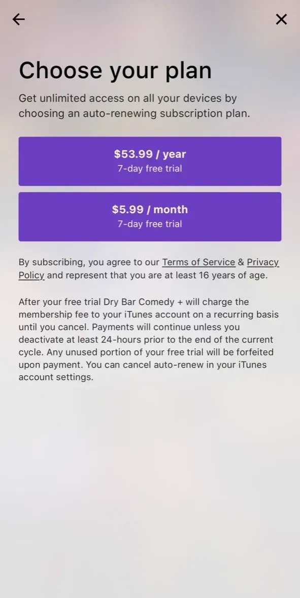 Dry Bar Comedy+ paywall screen