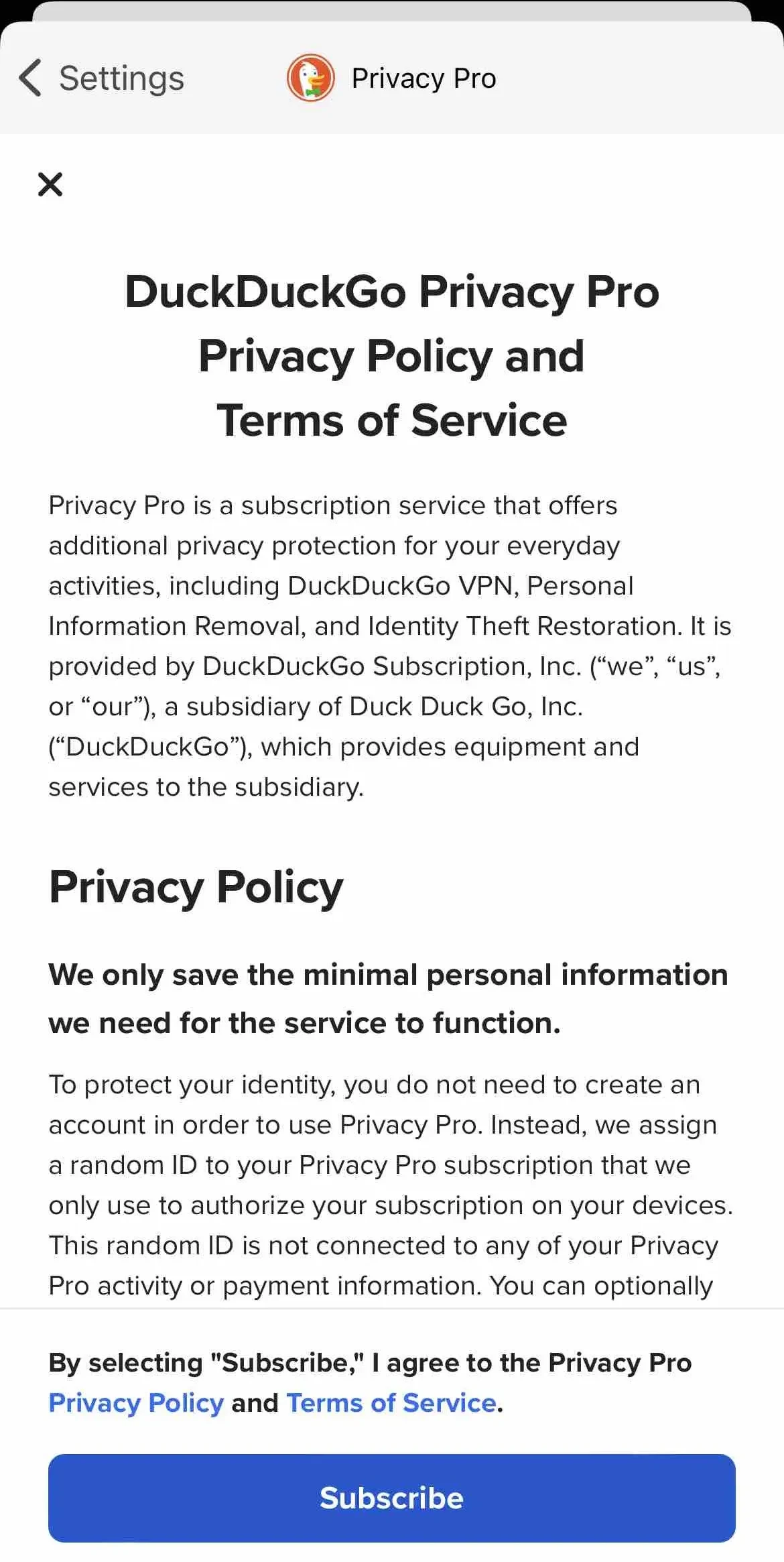 DuckDuckGo Private Browser paywall screen