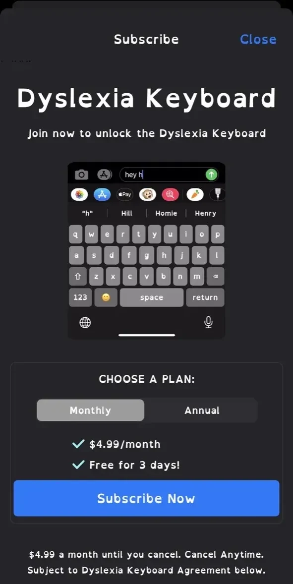 Dyslexia Font Keyboard paywall screen