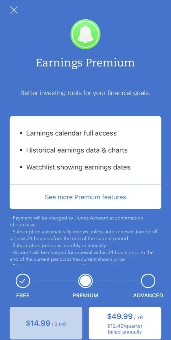 Earnings Alert paywall screen