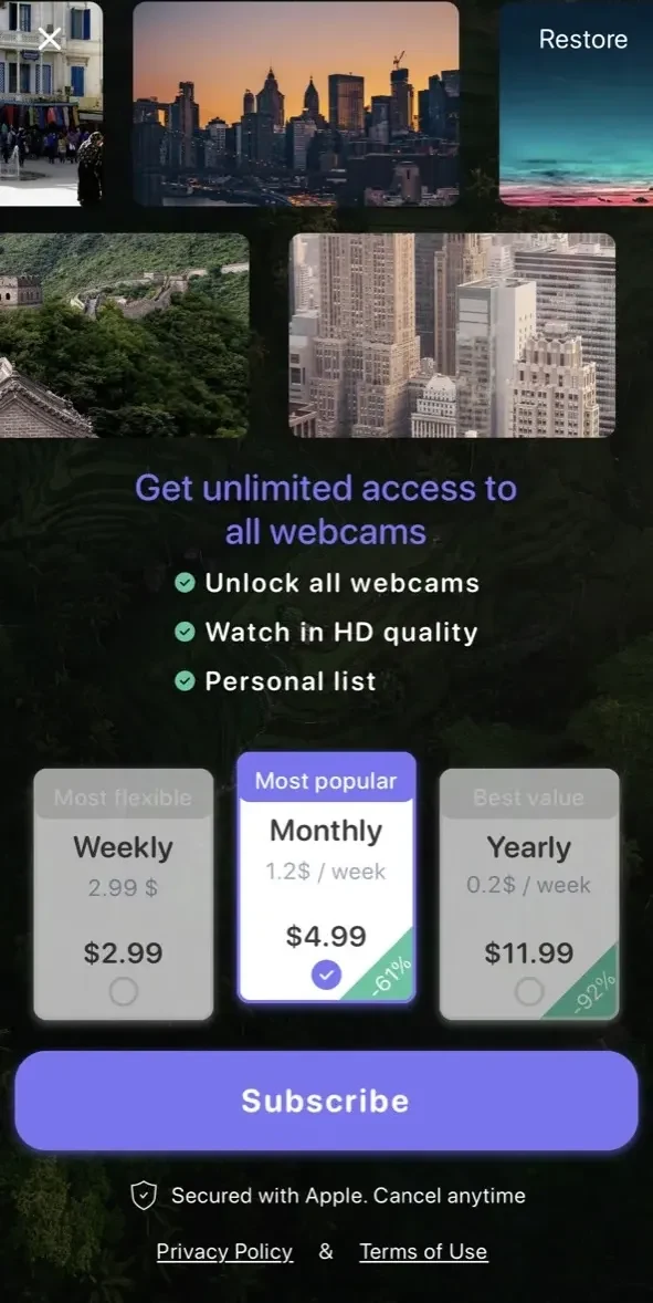 Earth cameras paywall screen