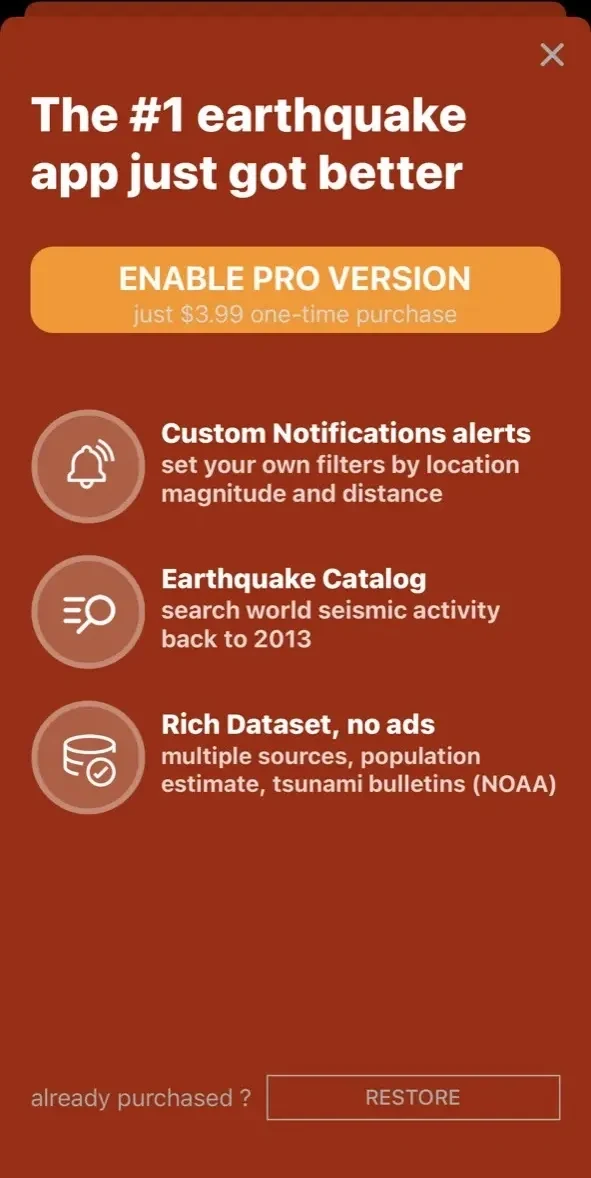 Earthquake paywall screen