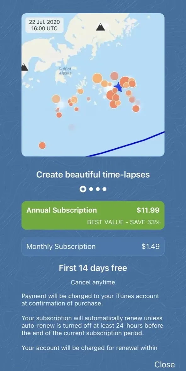 Earthquake+ Alerts paywall screen