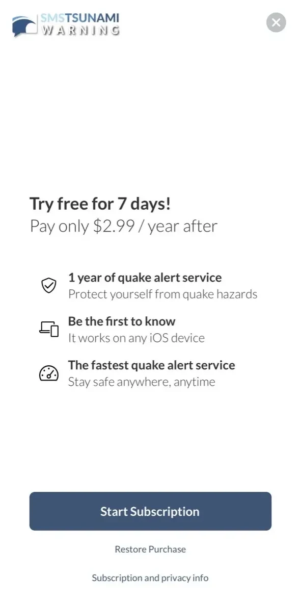 Earthquake paywall screen