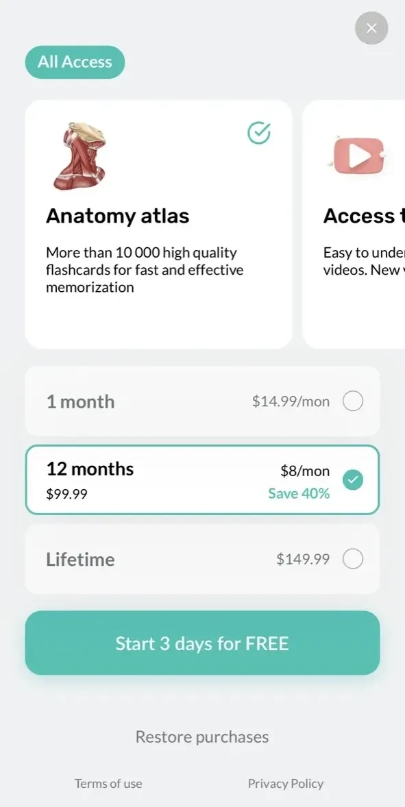 Easy Anatomy 3D paywall screen