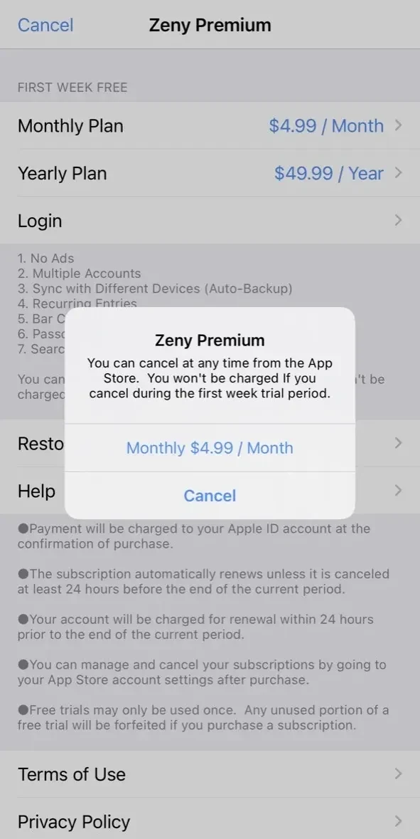 Easy Budget Money Tracker Zeny paywall screen
