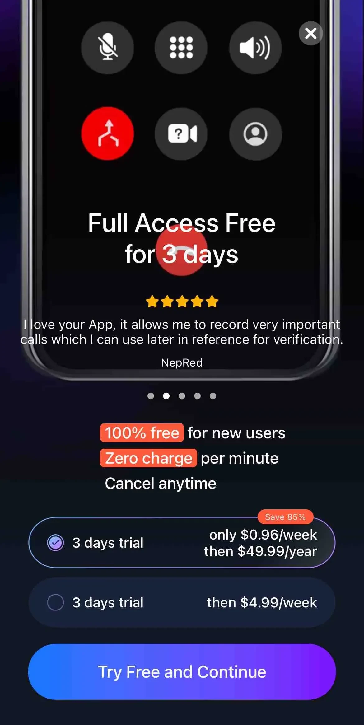 Easy Call Recorder paywall screen