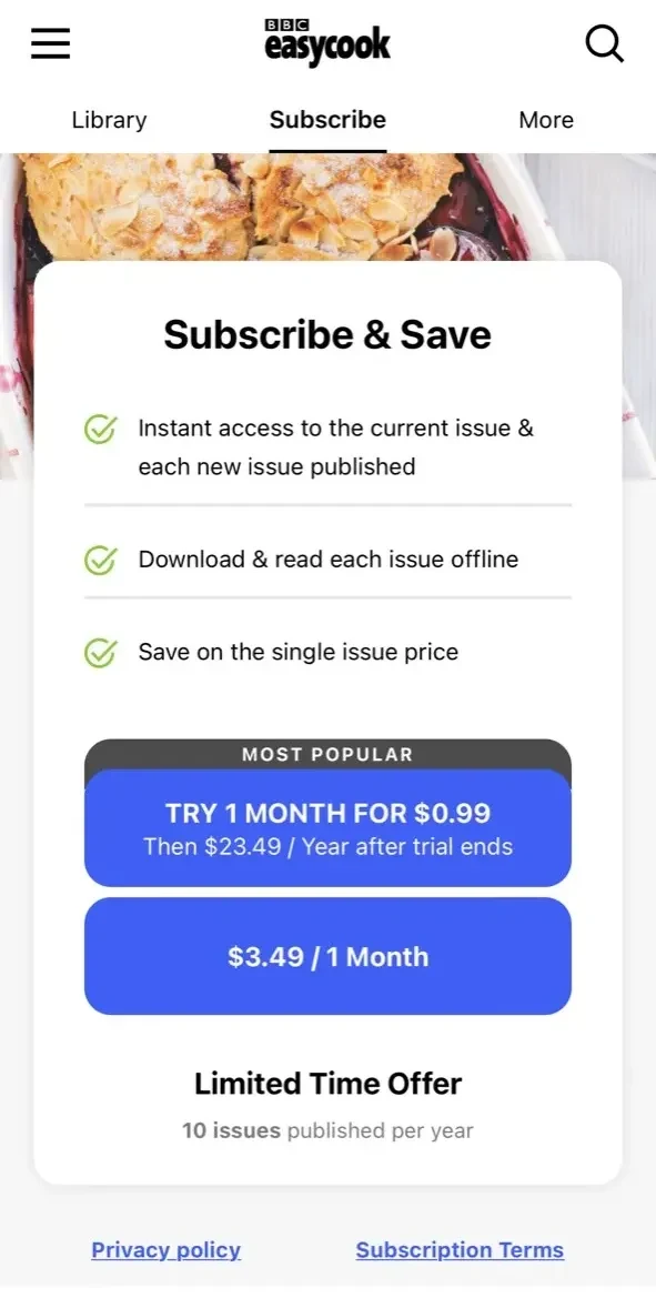 Easy Cook Magazine paywall screen