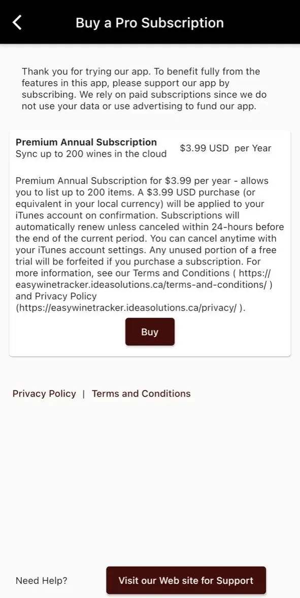 Easy Wine Tracker paywall screen