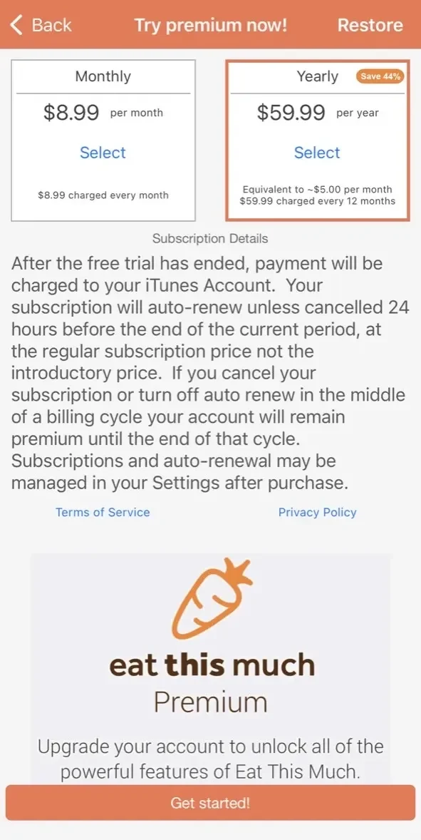 Eat This Much paywall screen