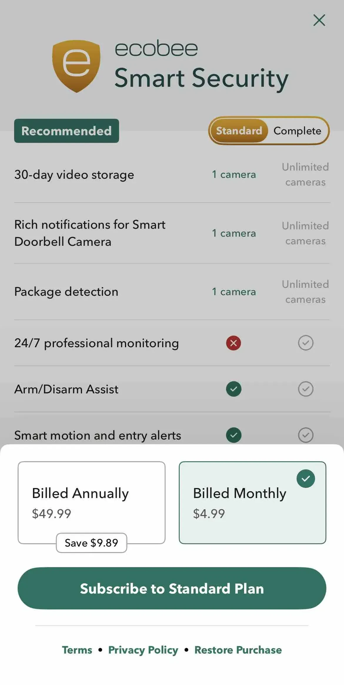 ecobee paywall screen