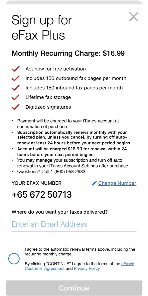 eFax App–Send Fax from iPhone paywall screen