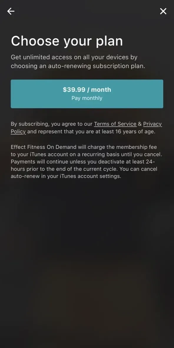 Effect Fitness On Demand paywall screen