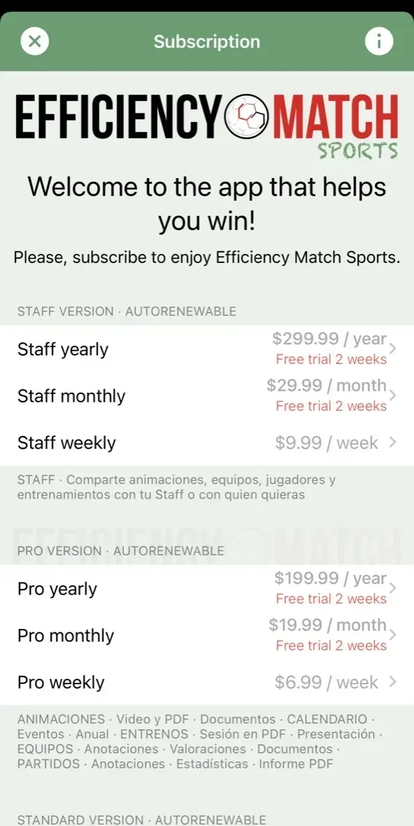 Efficiency Match Sports paywall screen