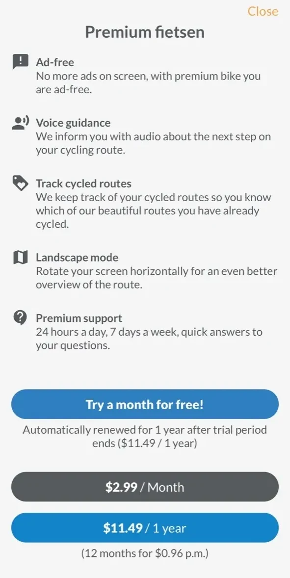 Efita cycling paywall screen