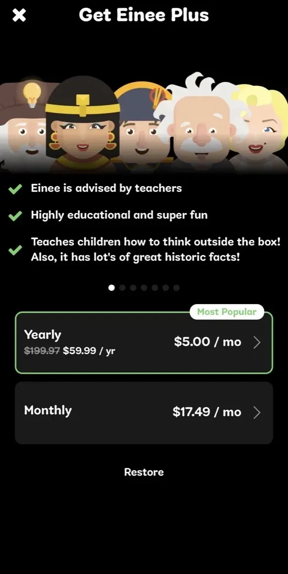Einee paywall screen
