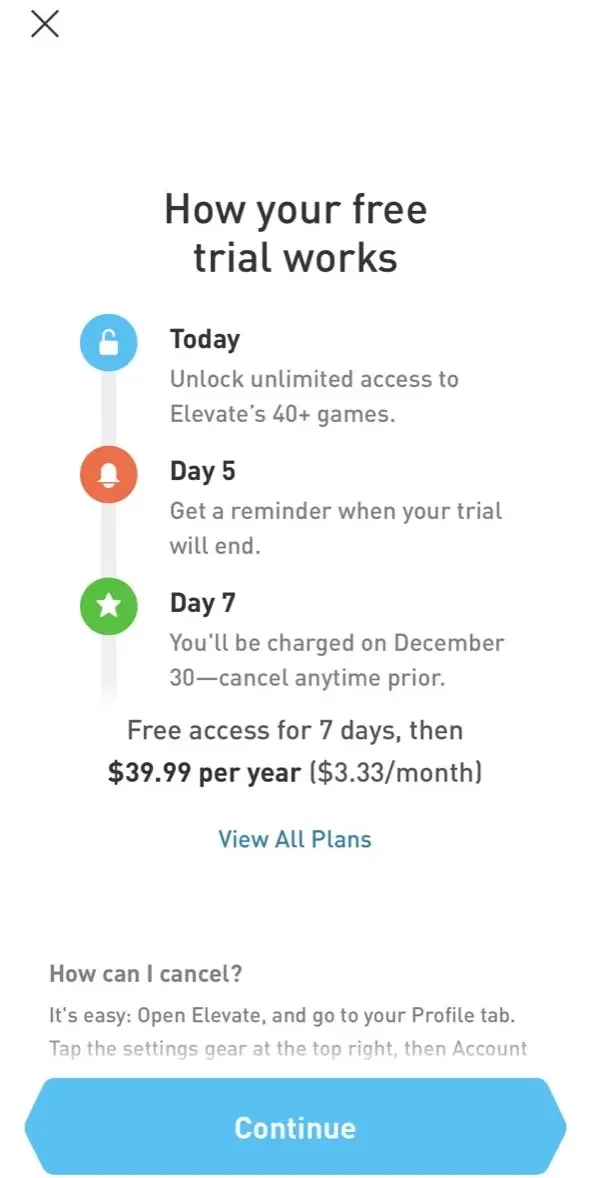 Elevate paywall screen