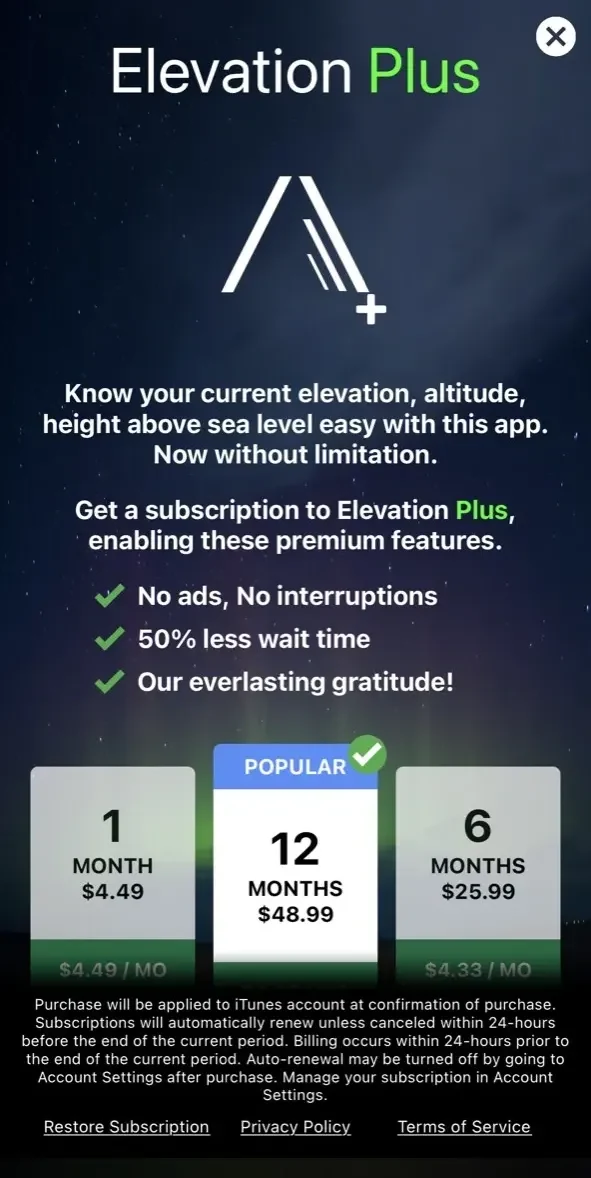Elevation paywall screen