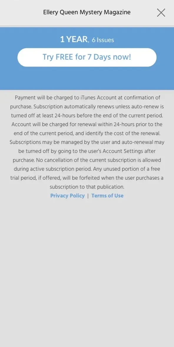 Ellery Queen Mystery Magazine paywall screen