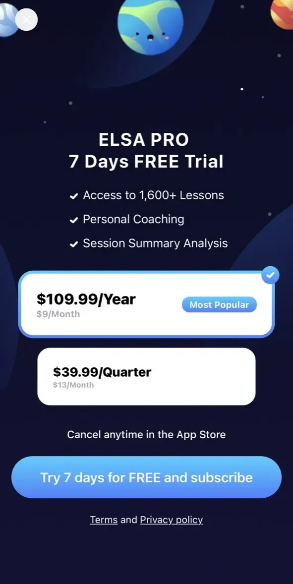 ELSA Speak paywall screen